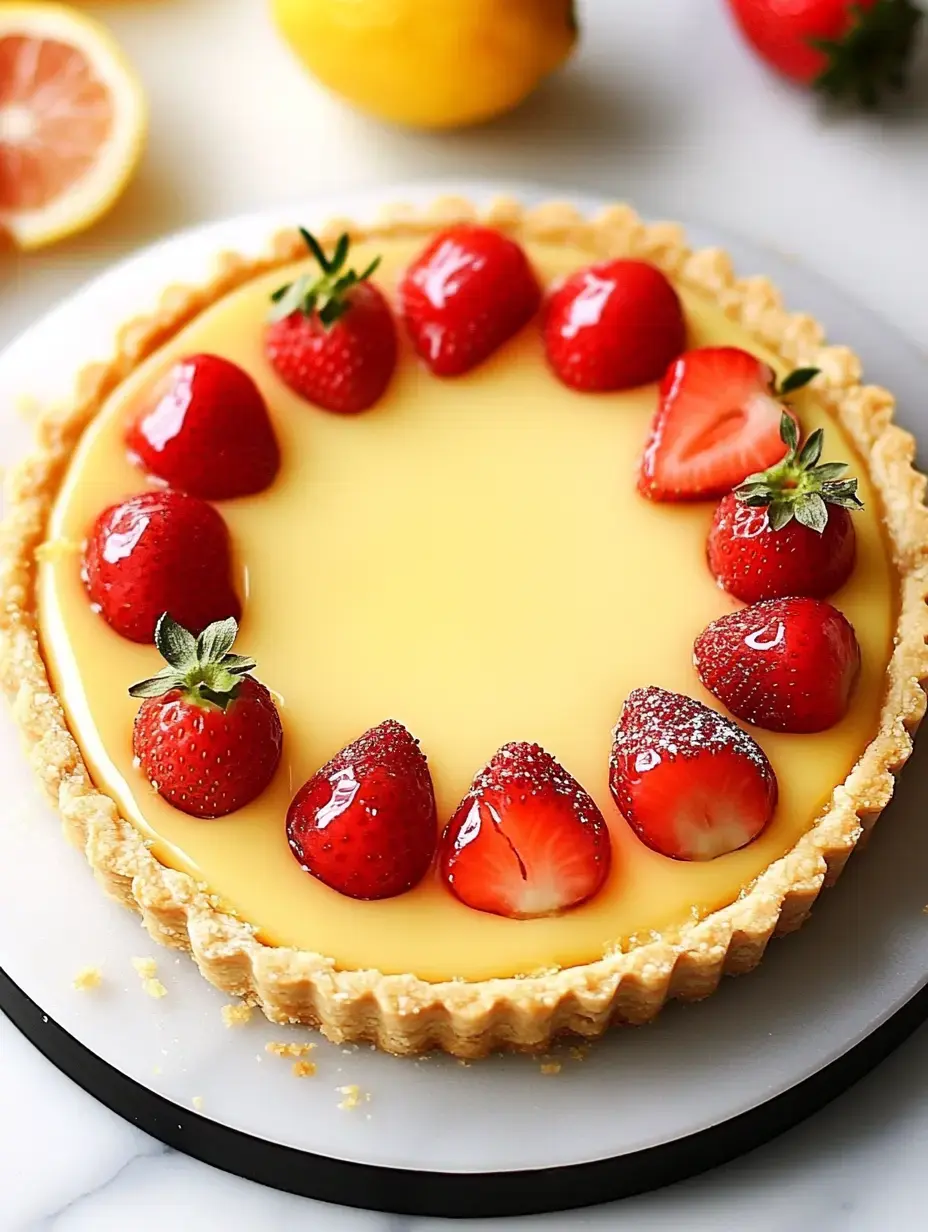 Tarta de limón cremosa con fresas frescas, servida en bandeja redonda.