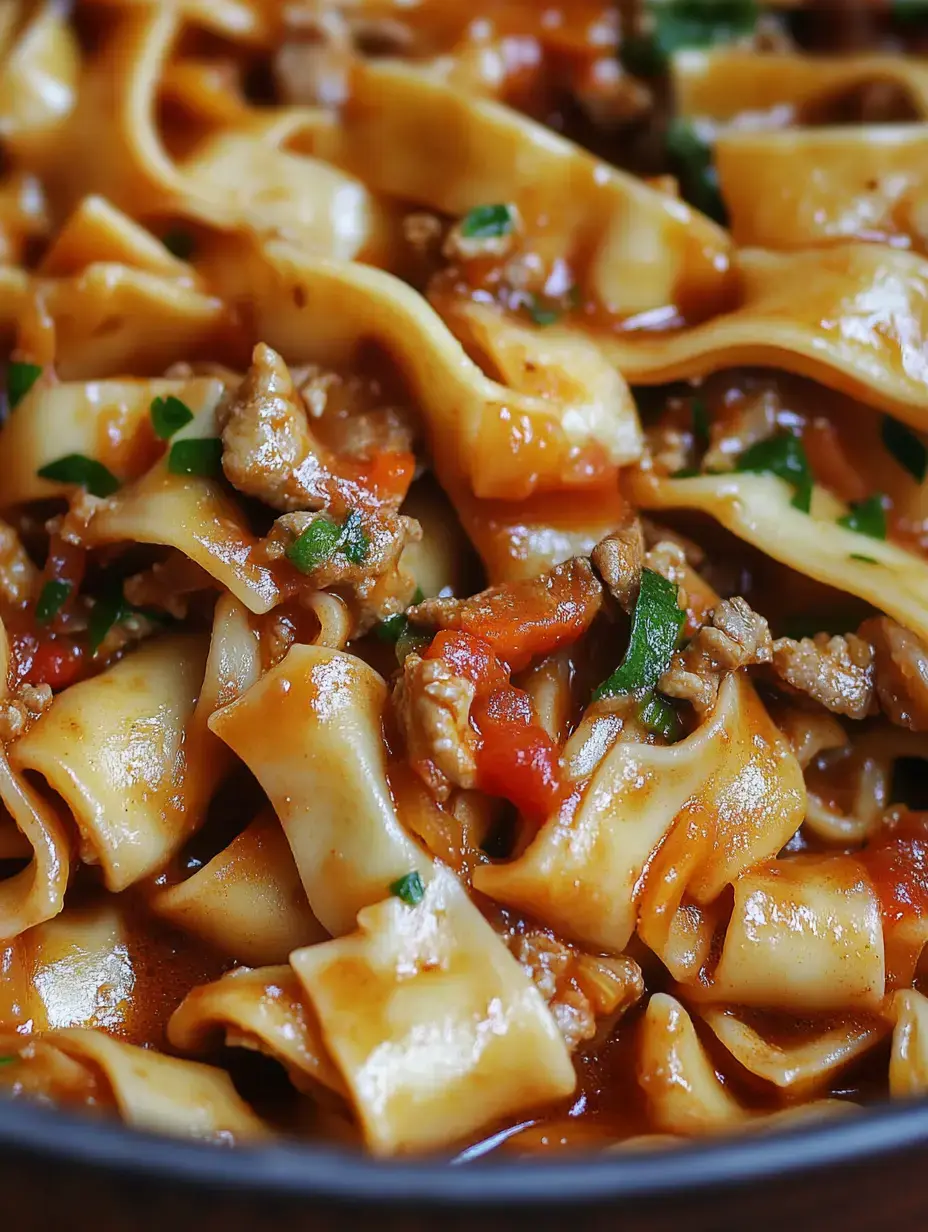 Un plato contundente de pasta ancha, carne picada, tomate y hierbas en salsa intensa.