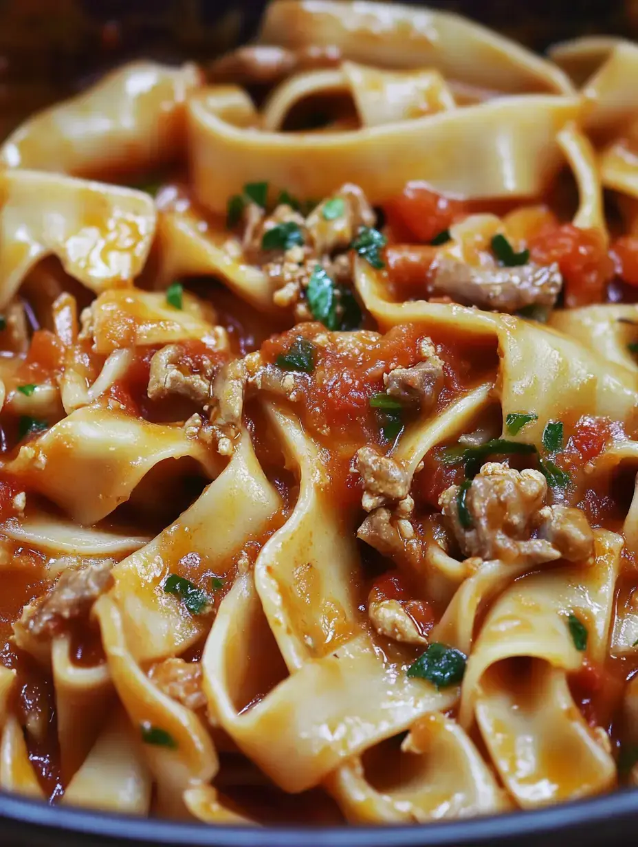 Pasta cremosa con salsa de carne y tomate, coronada con hierbas frescas.
