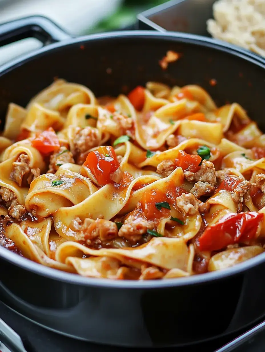 Olla llena de pasta, chorizo, tomate y hierbas en salsa sabrosa.