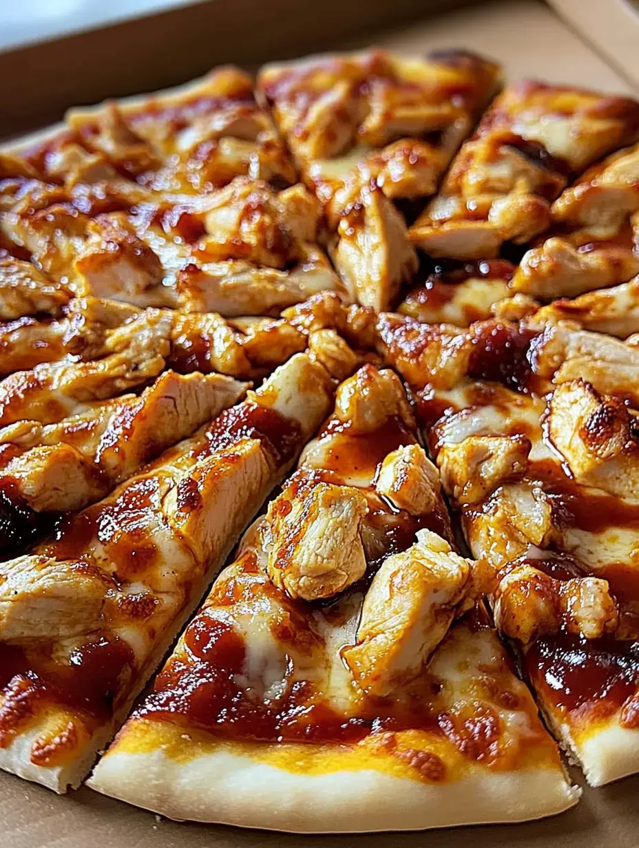 Foto cerca de una pizza con pollo a la parrilla y salsa barbacoa.