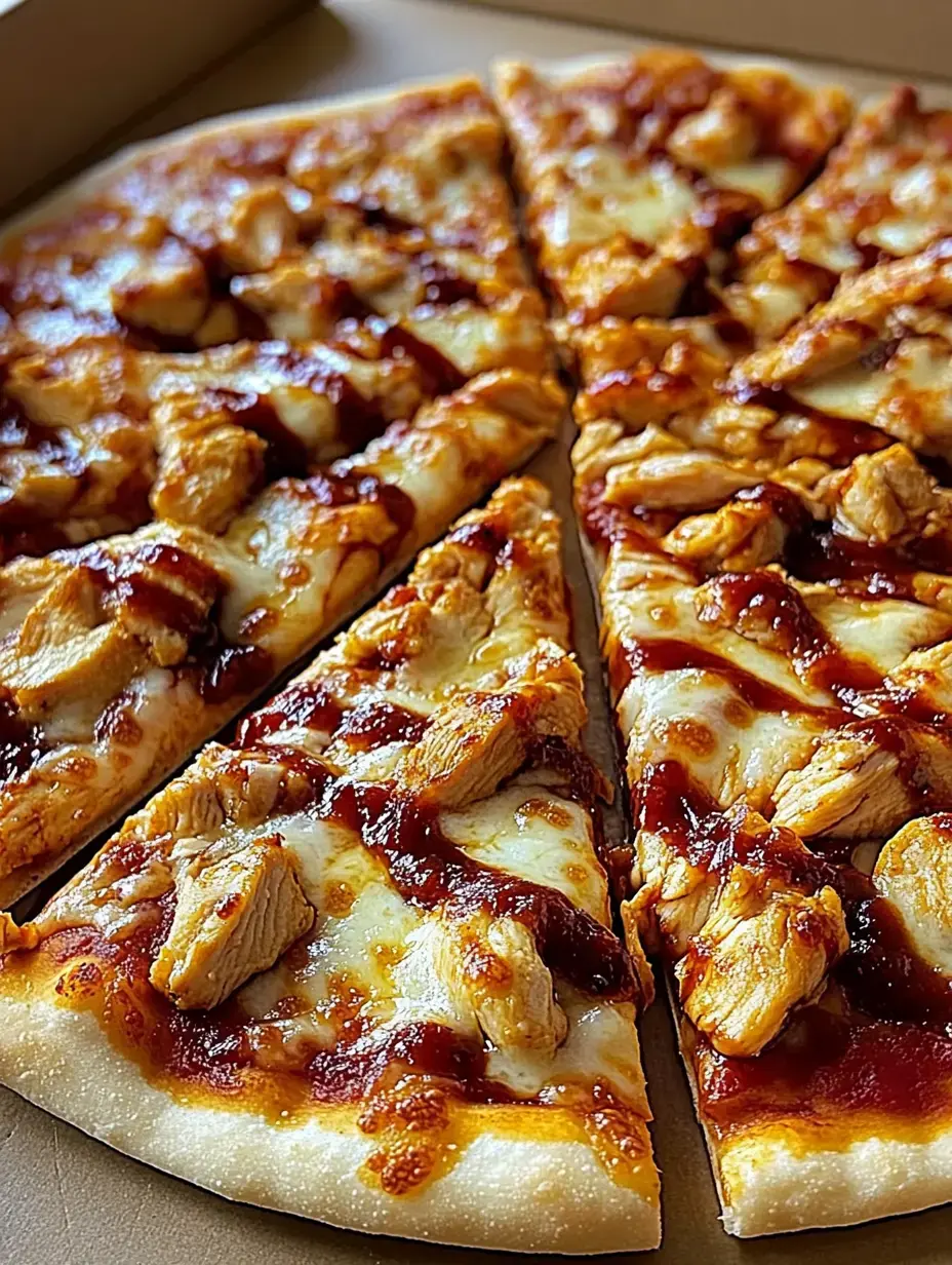 Pizza cortada con pollo a la parrilla y salsa barbacoa en una caja.