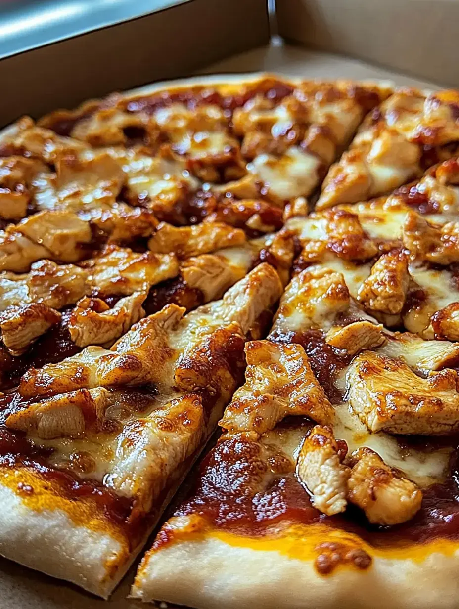 Pizza con queso derretido, salsa barbacoa y pollo sobre una bandeja, varias porciones cortadas.