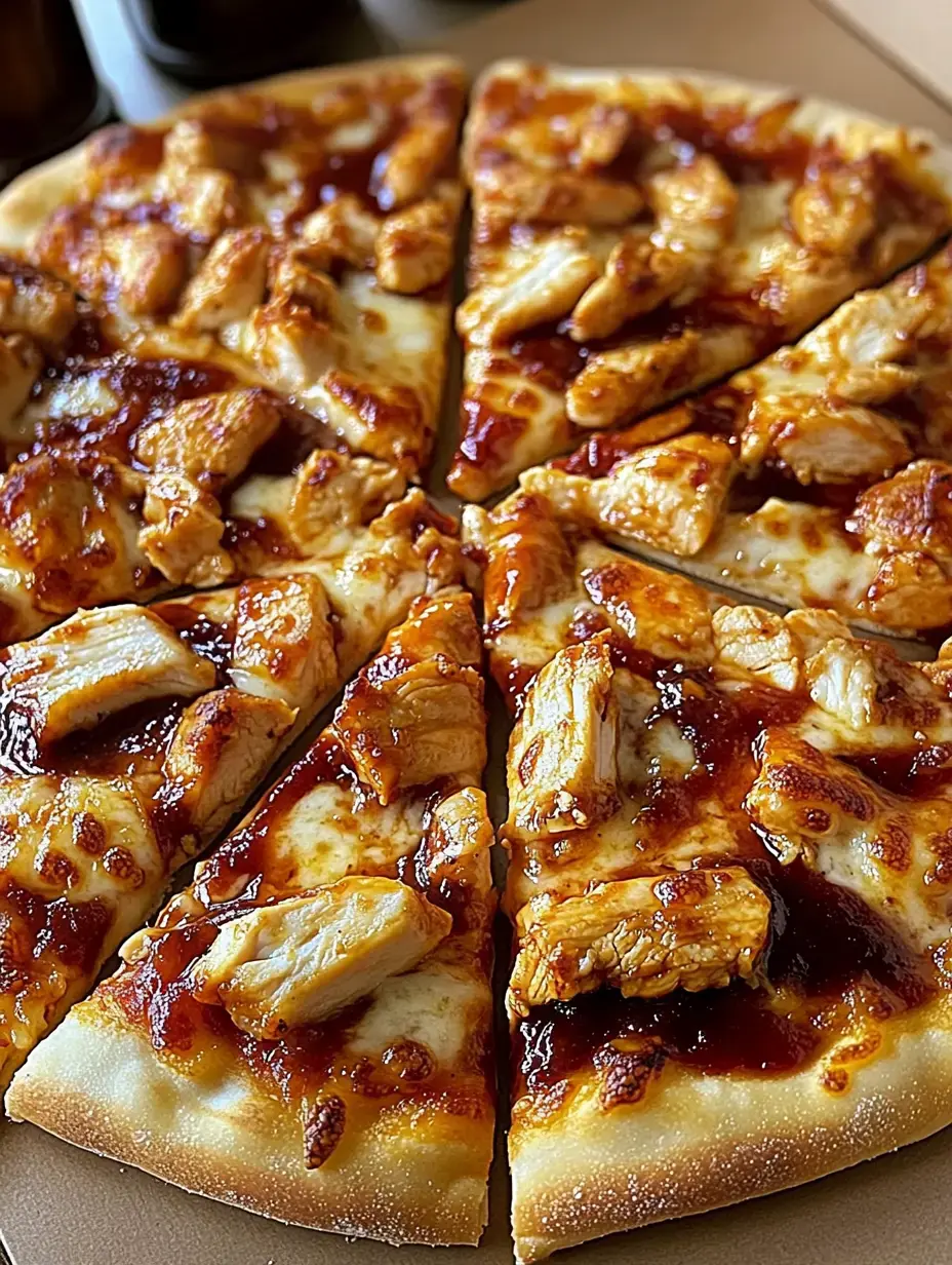 Pizza con trocitos de pollo a la parilla y salsa barbacoa, cortada en triángulos.