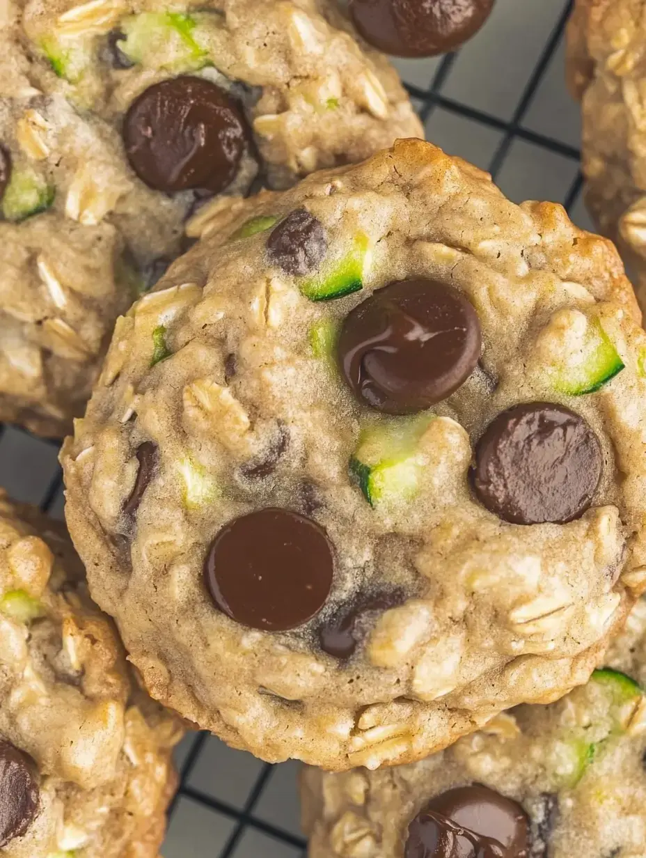 Un primer plano de galletas de avena con pepitas de chocolate y trocitos de manzana verde, descansando en una rejilla.