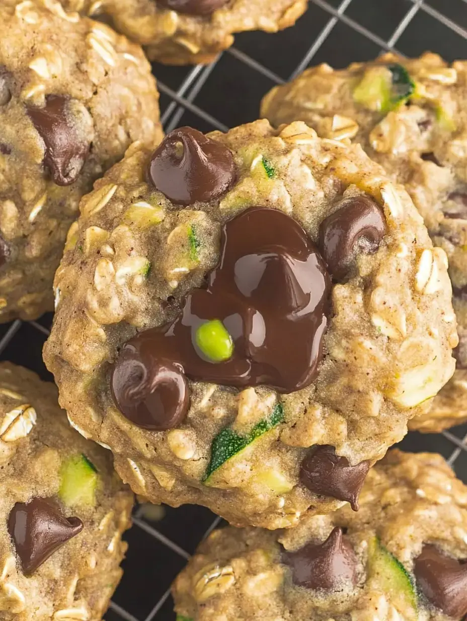 Un primer plano de galletas de avena recién horneadas con pepitas de chocolate y trozos verdes de calabacín.