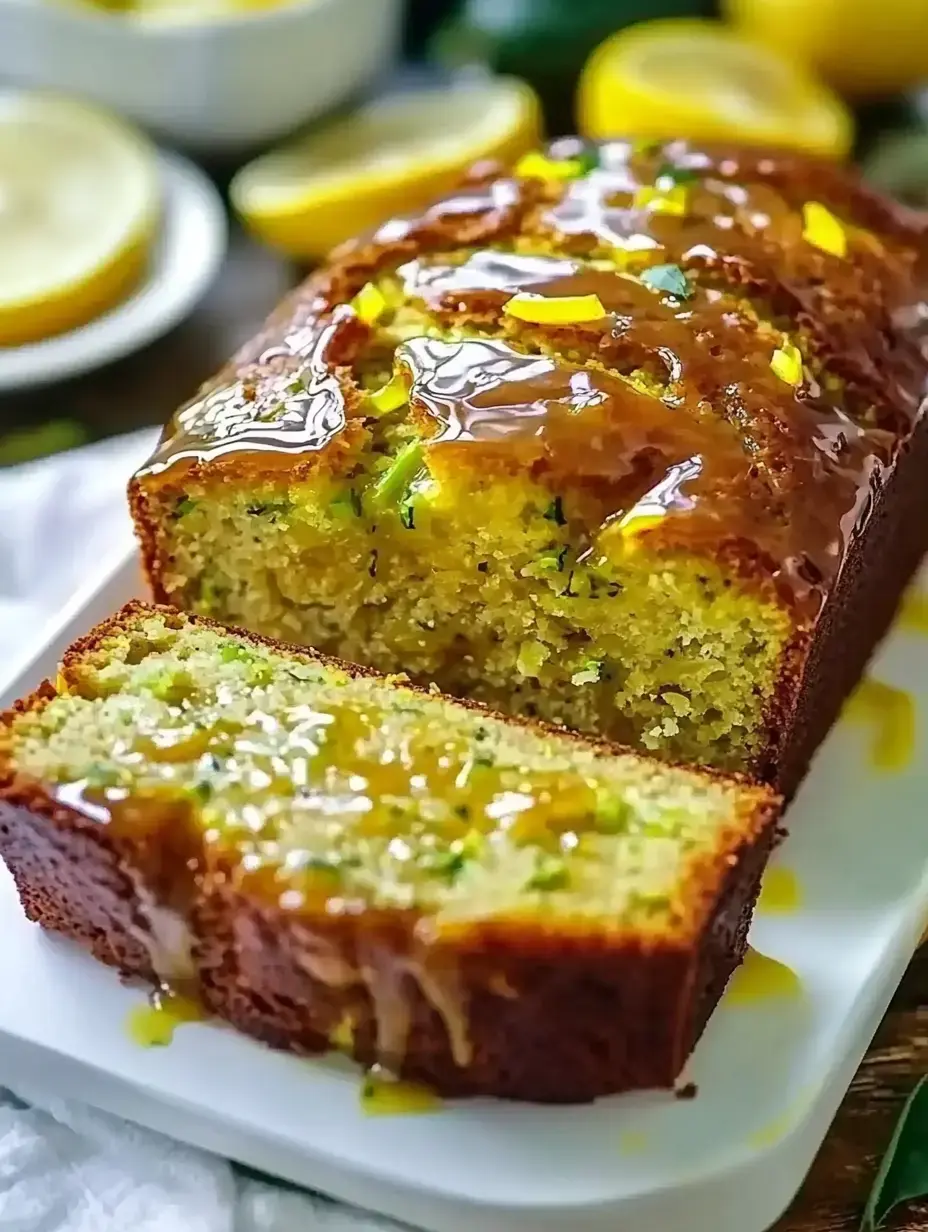 Bizcocho húmedo de limón cubierto por glaseado brillante y ralladura de limón, sobre plato blanco y una porción cortada que enseña su interior suave.