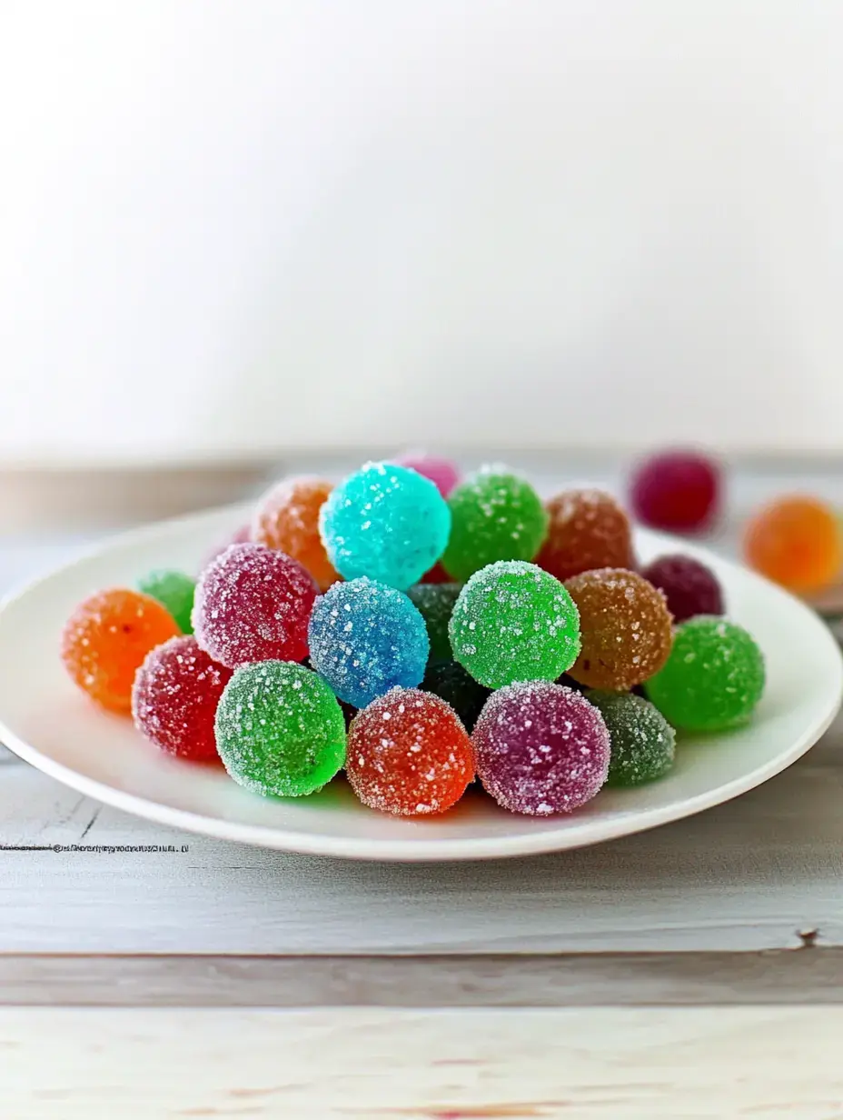 Un plato lleva gomitas recubiertas de azúcar de muchos colores vivos.