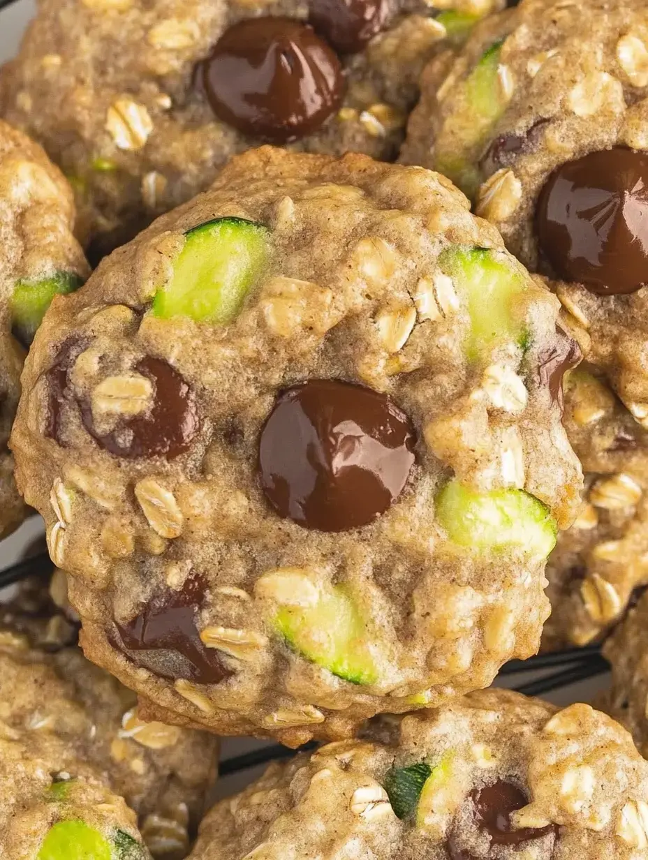 Un primer plano de galletas de avena con pepitas de chocolate y trozos verdes de calabacín.
