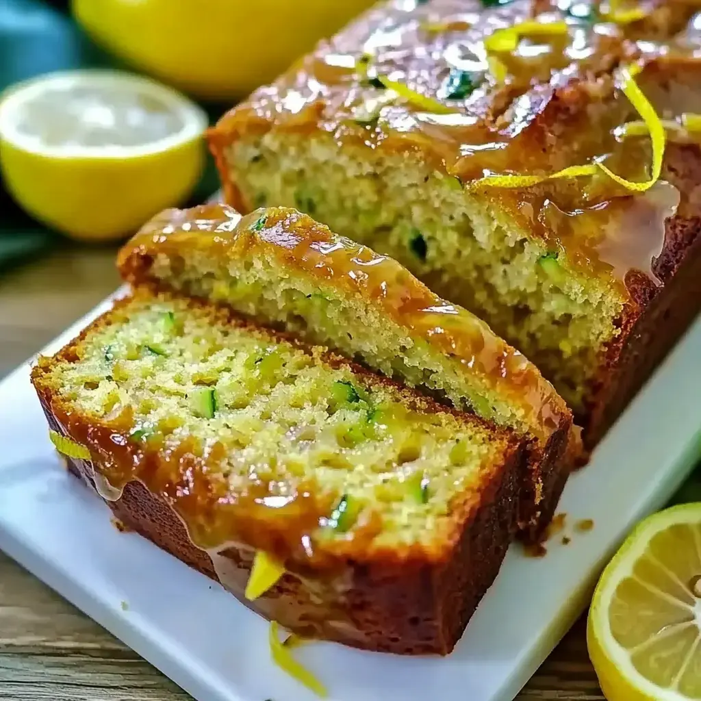 Pan de calabacín y limón recién hecho, glaseado y con ralladura de limón, acompañado de mitades de limón en mesa de madera.