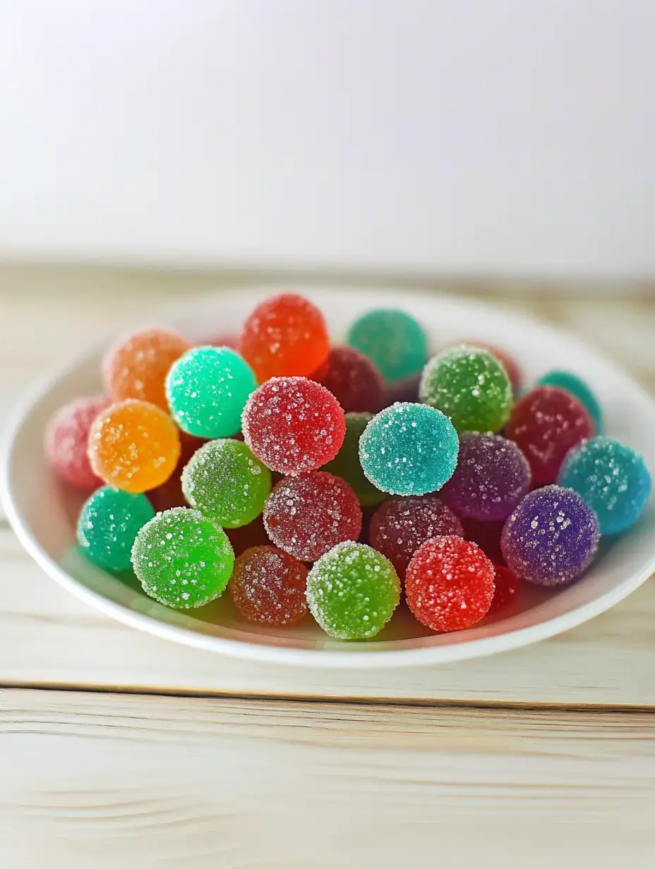 Un plato lleno de gomitas coloridas recubiertas de azúcar de diferentes tipos y colores.