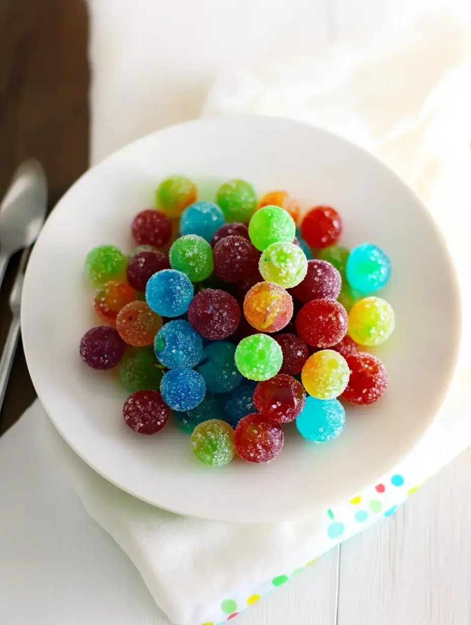 Un plato blanco lleva gomitas redondas, dulces de gelatina y azúcar, de muchos colores fuertes.