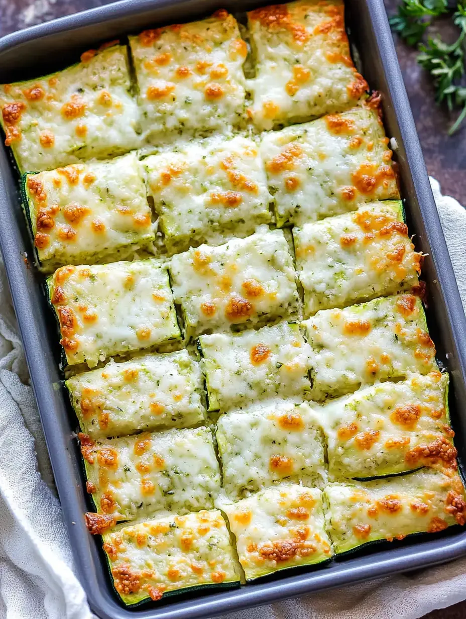 Calabacines al horno tipo lasaña en fuente gris, ya cortados, con el queso fundido burbujeando arriba.