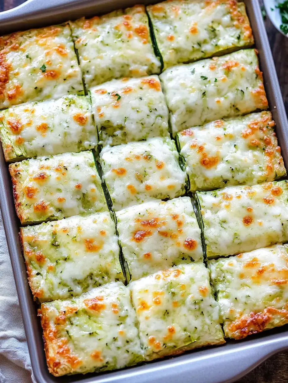 Detalle en primer plano de una fuente rectangular con trozos de calabacín al horno cubiertos de queso fundido.