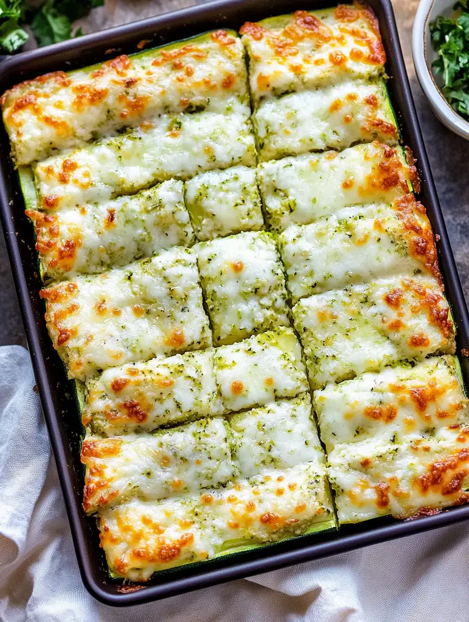 Fuente de horno con calabacines rectangulares cubiertos de queso fundido y salsa pesto.