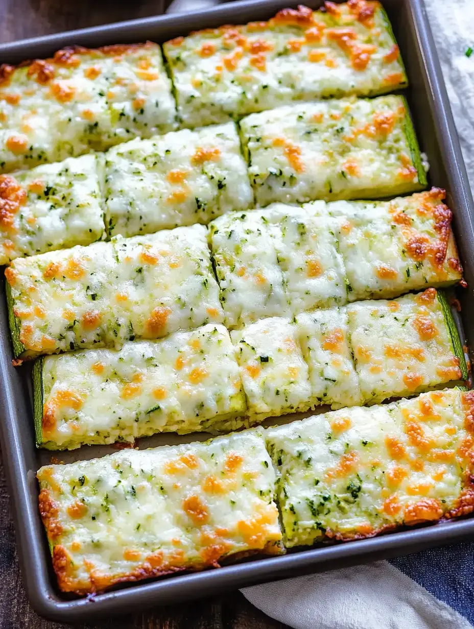 Bandeja rectangular con trozos de calabacín al horno cubiertos de queso derretido y especias.