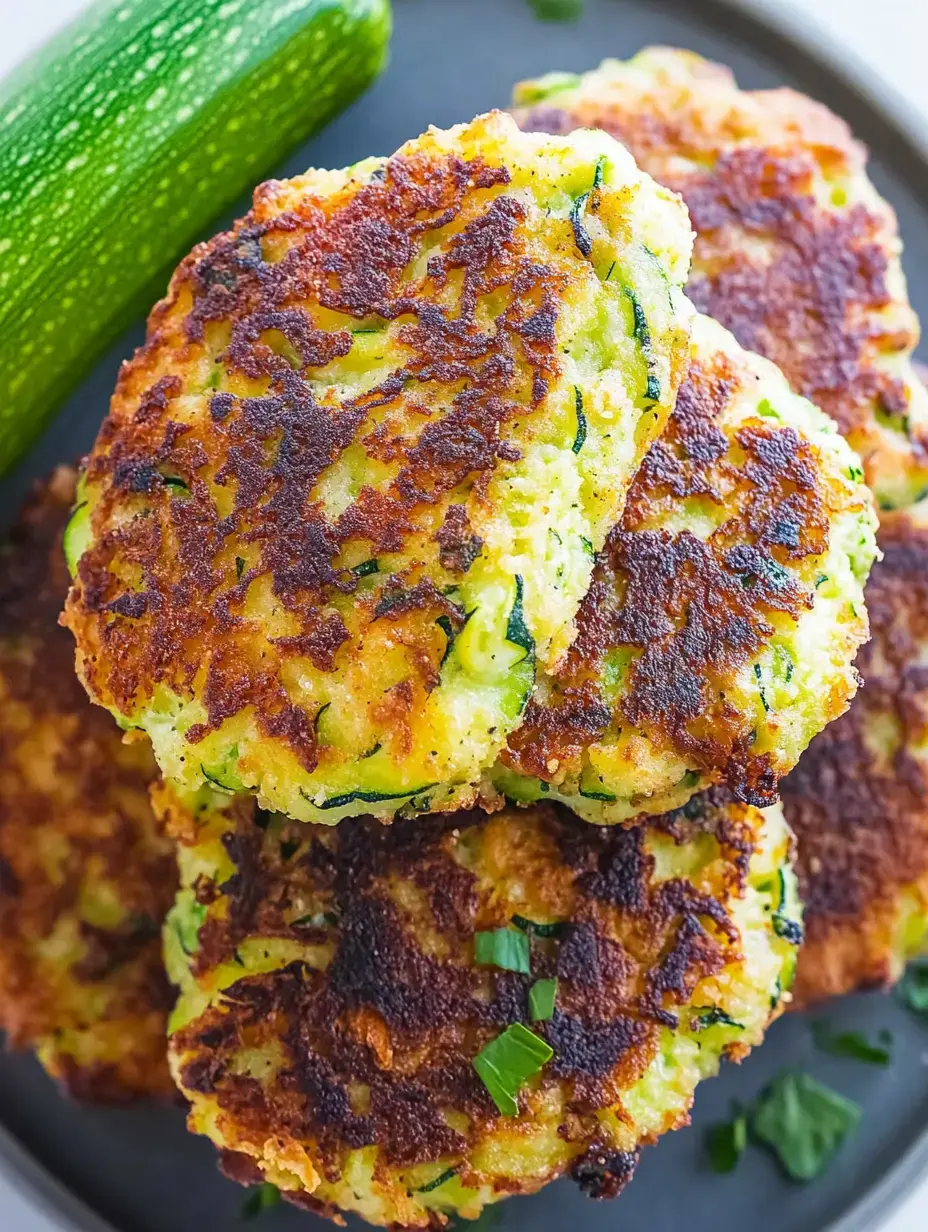 Unas tortitas de calabacín apiladas, con un poco de hierbas frescas por encima y un calabacín entero en un plato oscuro.