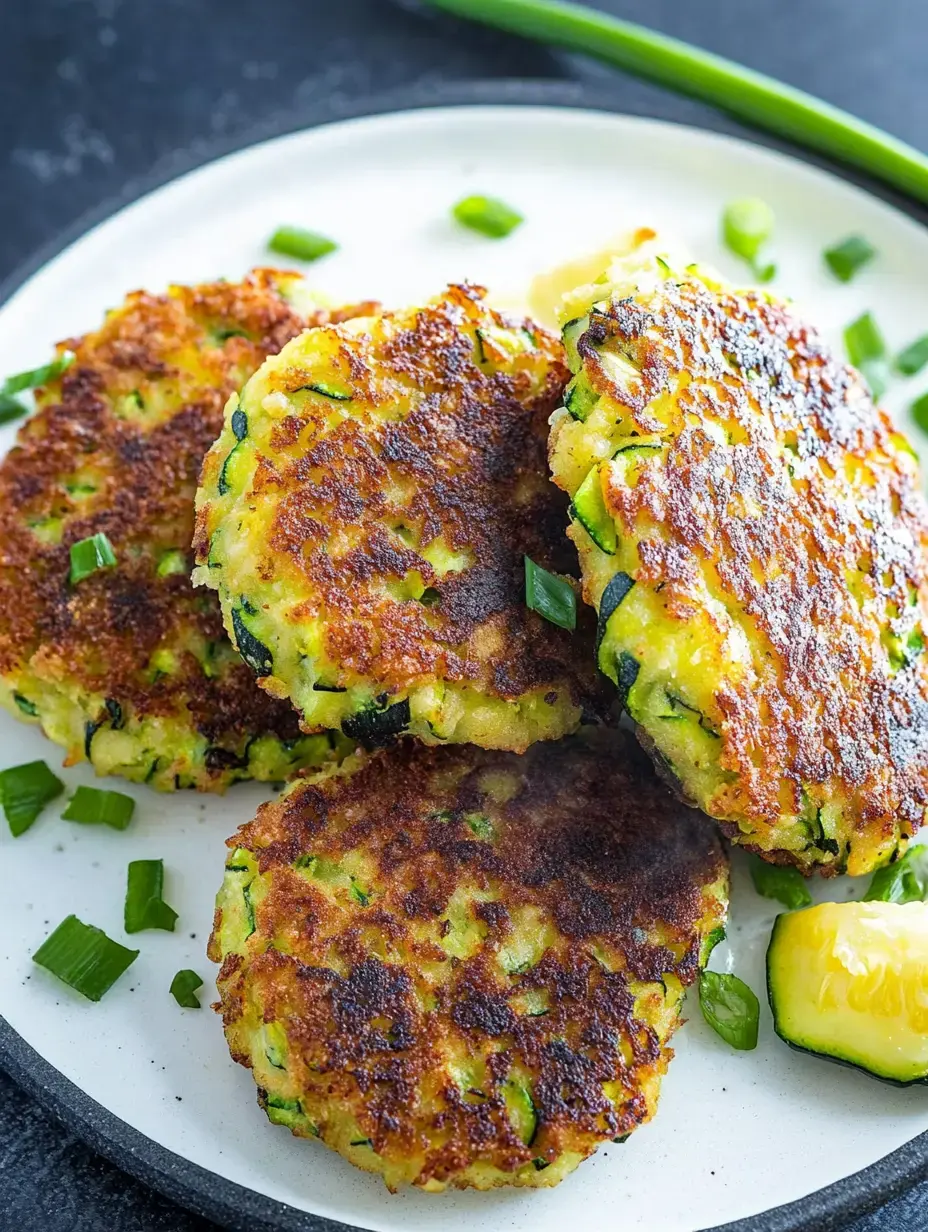 Un plato con tortitas de calabacín doradas, encima cebollín picado y rodajas de calabacín.