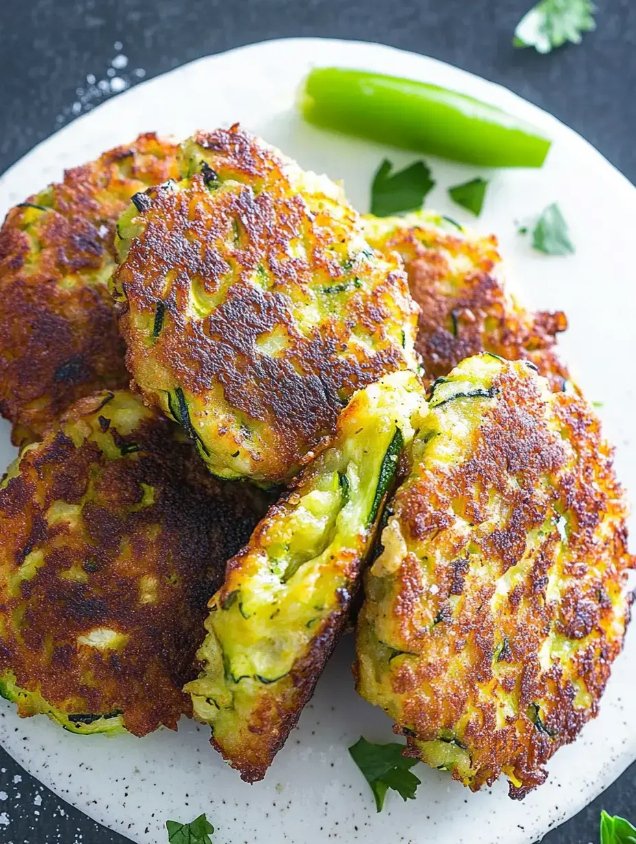 Plato con tortitas de calabacín doradas decoradas con pimiento verde y hierbas.