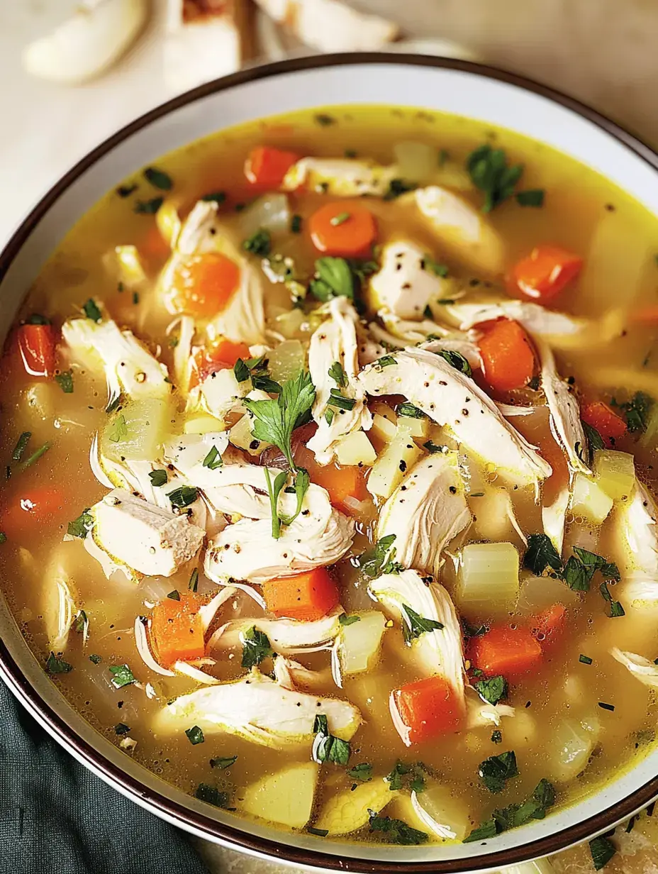 Un plato de caldo de pollo con pollo desmenuzado, zanahorias, apio y hierbas en caldo sabroso.