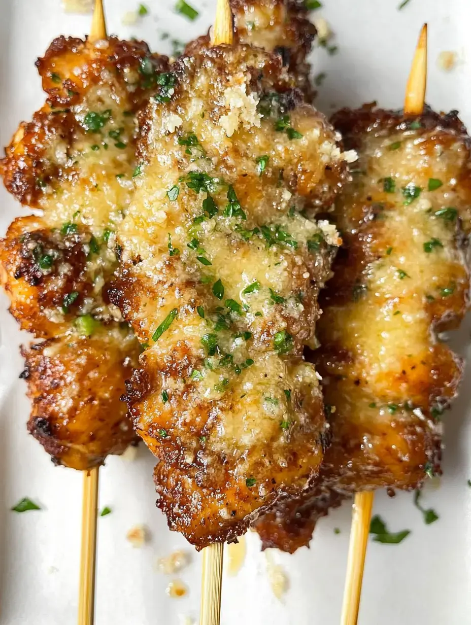 Tres piezas de pollo en brochetas, bañadas en salsa dorada y hierbas frescas sobre un plato blanco.