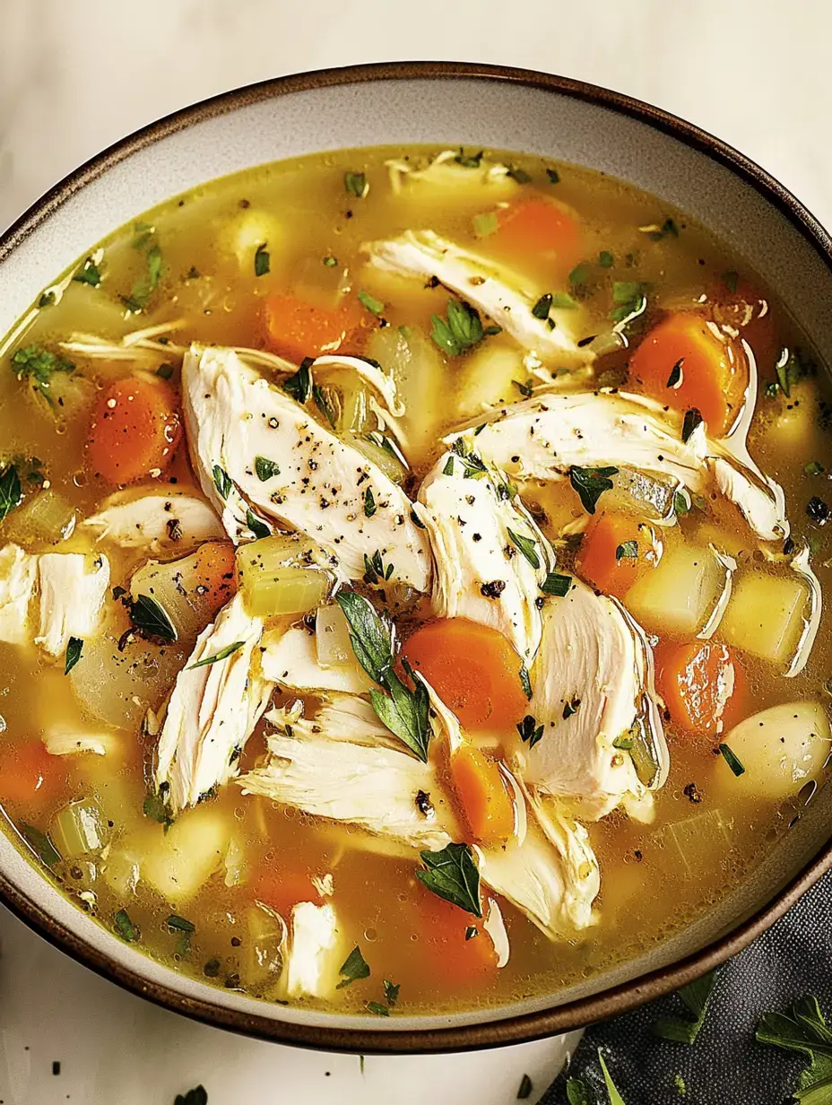 Un tazón de caldo de pollo con pollo deshilachado, zanahorias, apio y hierbas en un caldo sabroso.