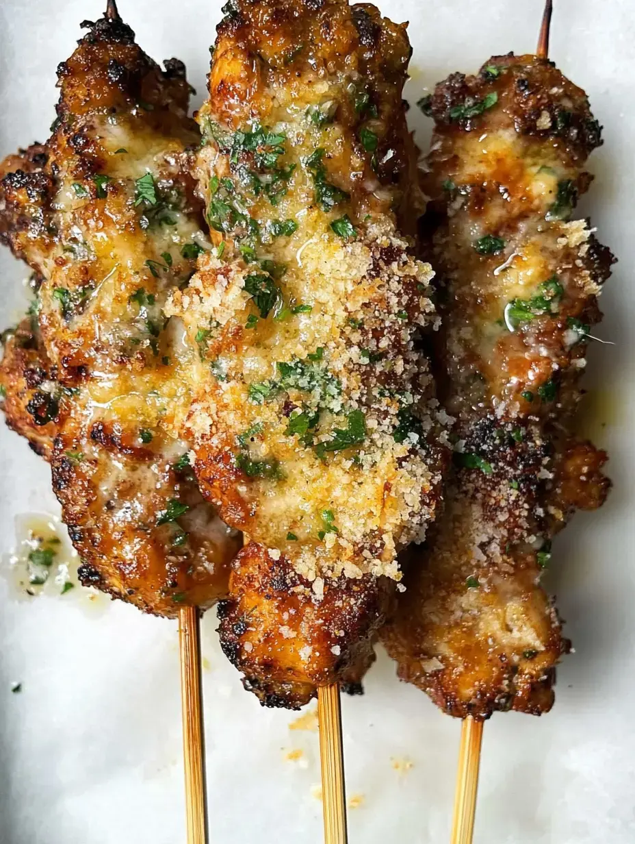 Brochetas de pollo a la plancha, crujientes y con hierbas frescas arriba.