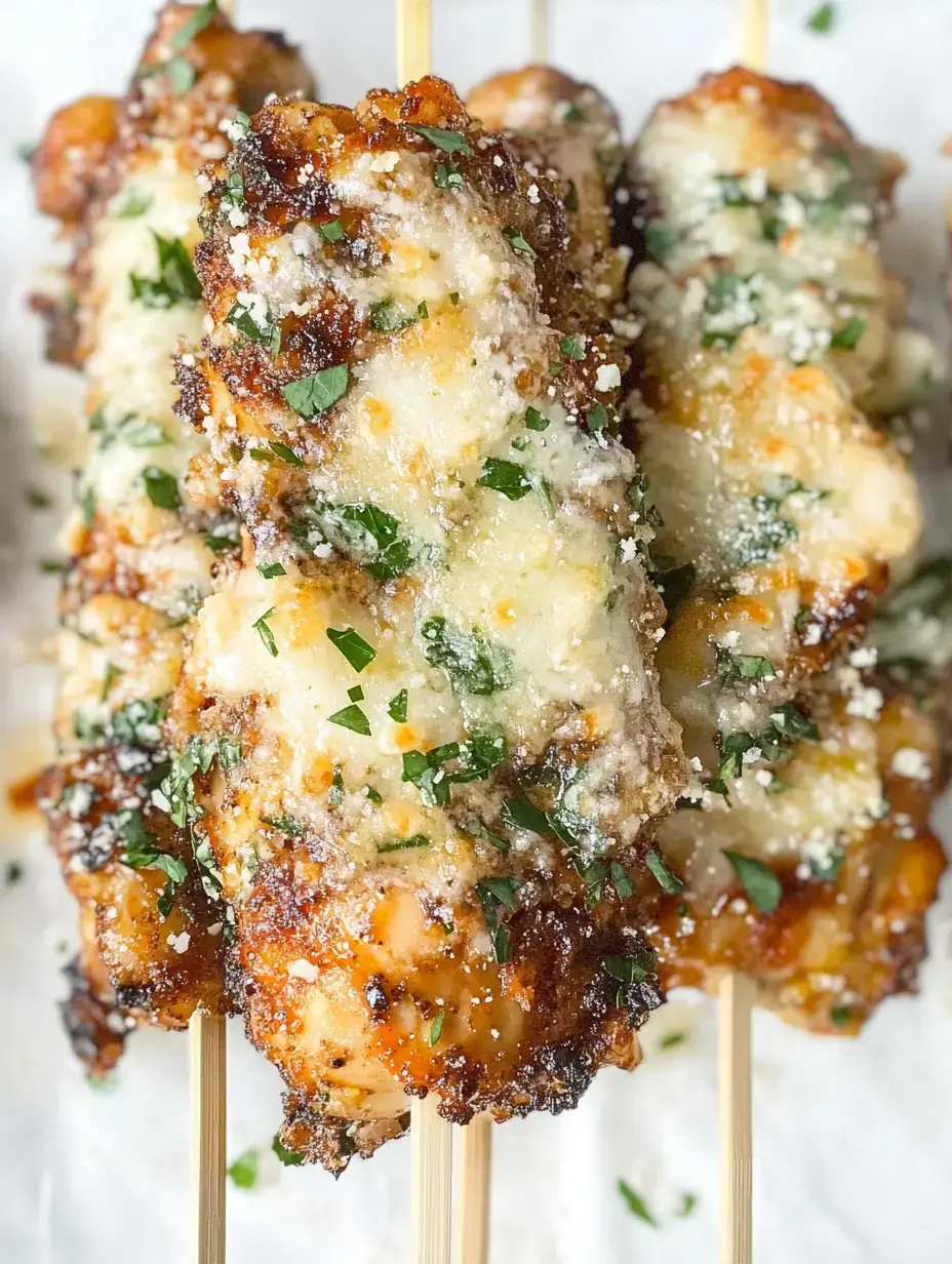 Brochetas de pollo doradas al grill, queso derretido y perejil encima.