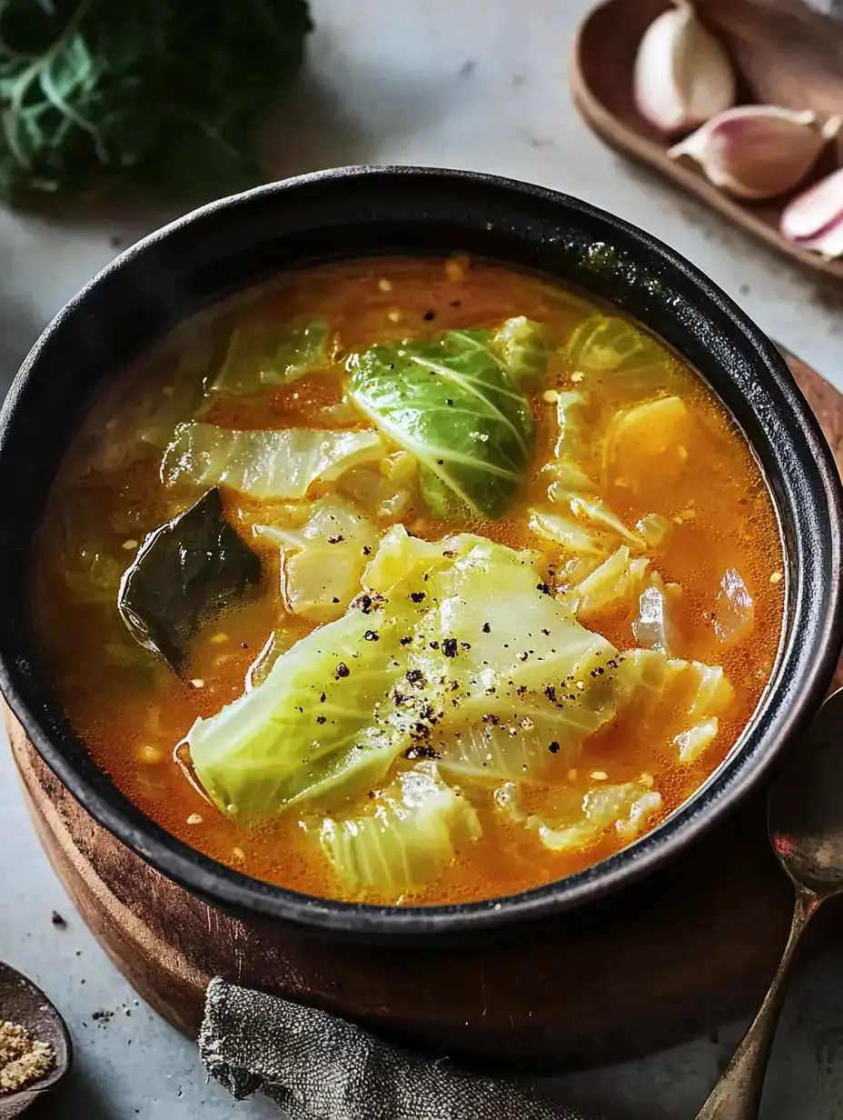 Un tazón humeante de sopa de col con hojas verdes y condimentos, servido en un cuenco oscuro sobre una superficie de madera.