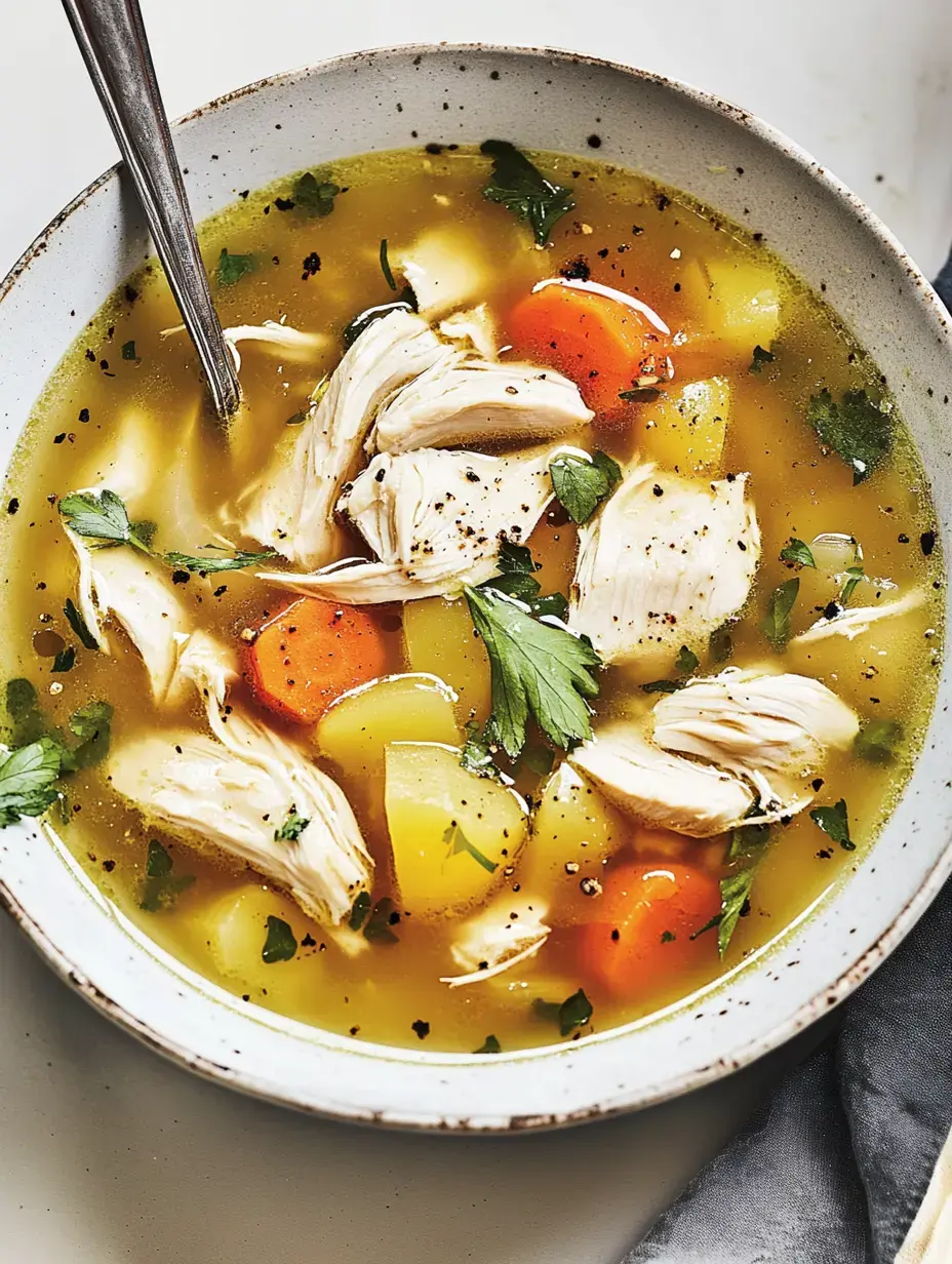 Un tazón lleno de caldo de pollo con pollo desmenuzado, papas y zanahorias decorado con perejil.
