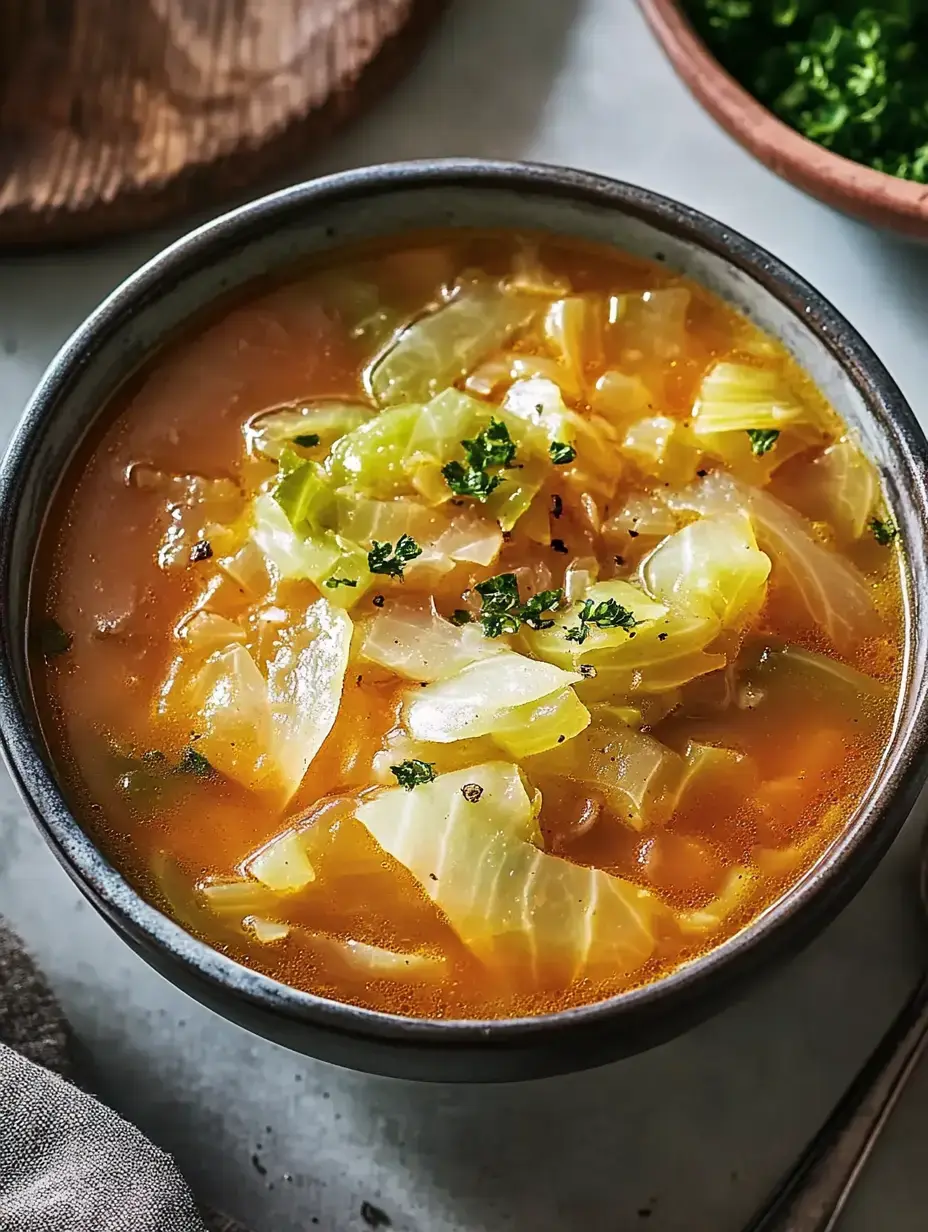 Un tazón de sopa de col con hierbas verdes encima, sobre una superficie con textura.