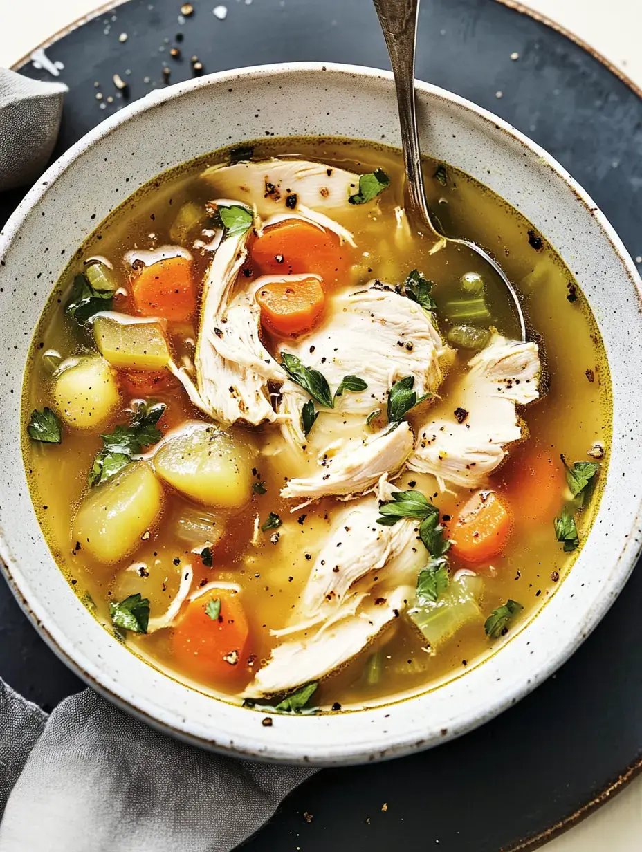 Un tazón abundante de caldo de pollo con pollo deshebrado, zanahorias, papas y hierbas, decorado con perejil y una cuchara.
