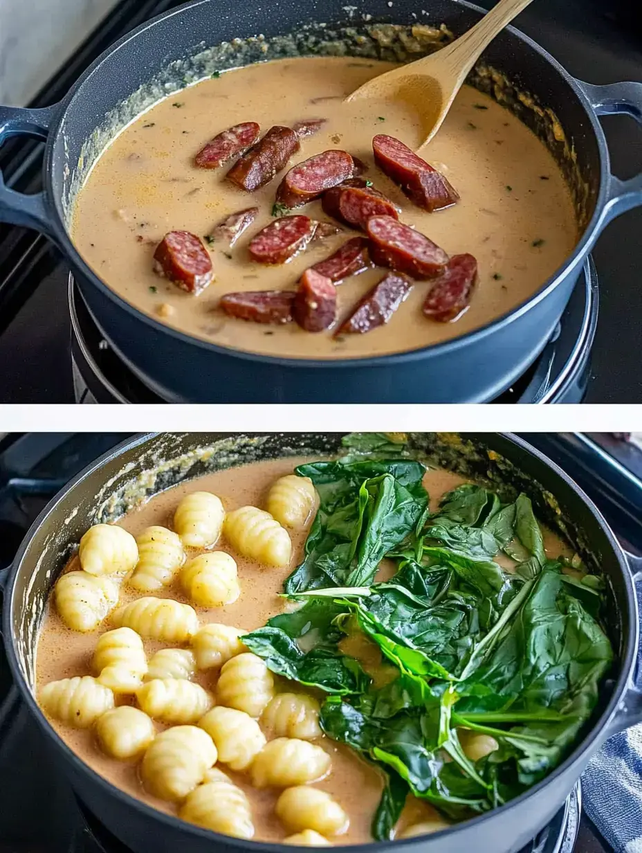 Olla en la estufa con salsa cremosa, rodajas de salchicha, gnocchis y espinaca fresca cocinándose.