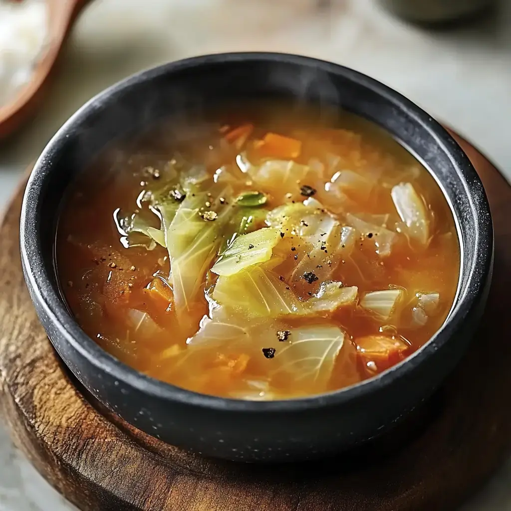Un tazón humeante de sopa de verduras con col y zanahorias, servido sobre madera.
