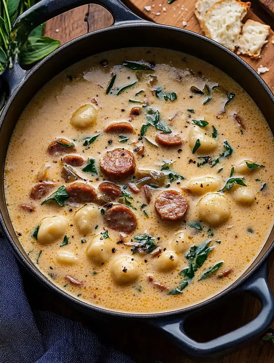 Sopa cremosa con gnocchi, salchicha en rodajas y hojitas verdes, servida en una olla oscura.