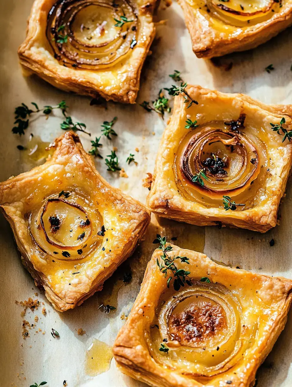 Un plato con cuadrados de hojaldre cubiertos con rodajas de cebolla caramelizada y decorados con tomillo fresco.