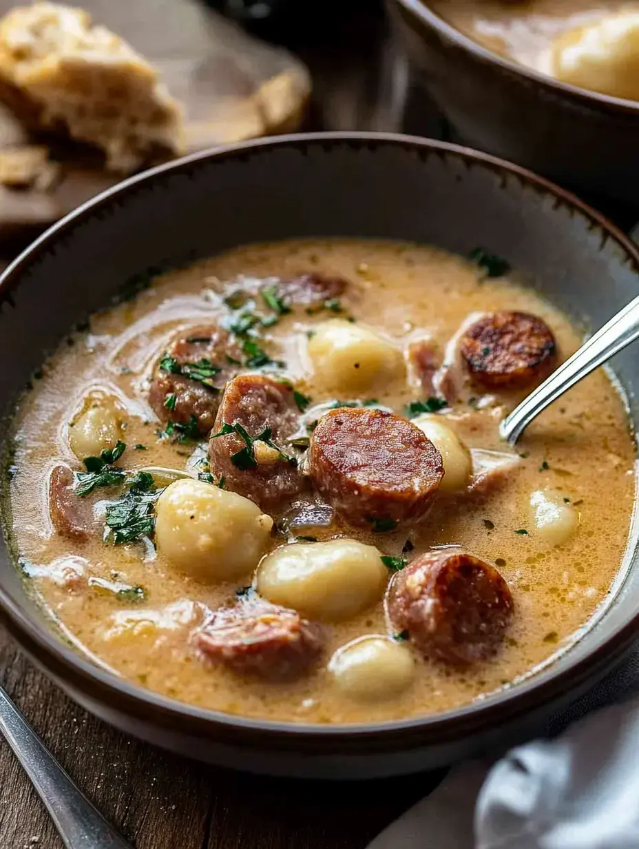 Tazón de sopa cremosa con rodajas de salchicha y gnocchis, todo espolvoreado con hierbitas frescas.