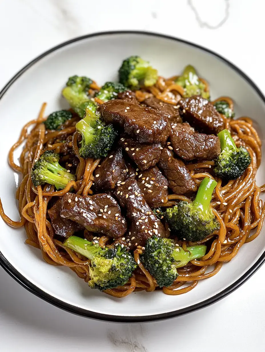 Bol de fideos con ternera suave y brócoli verde brillante, con semillas de sésamo por encima.