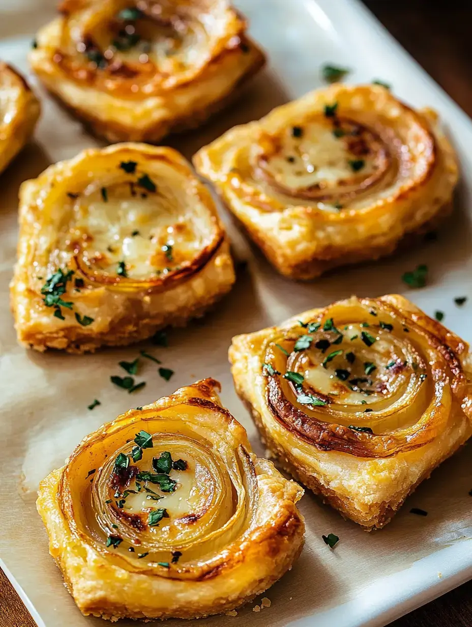 Primer plano de cuadrados de hojaldre dorados cubiertos con espirales de cebolla caramelizada y espolvoreados con hierbas verdes.
