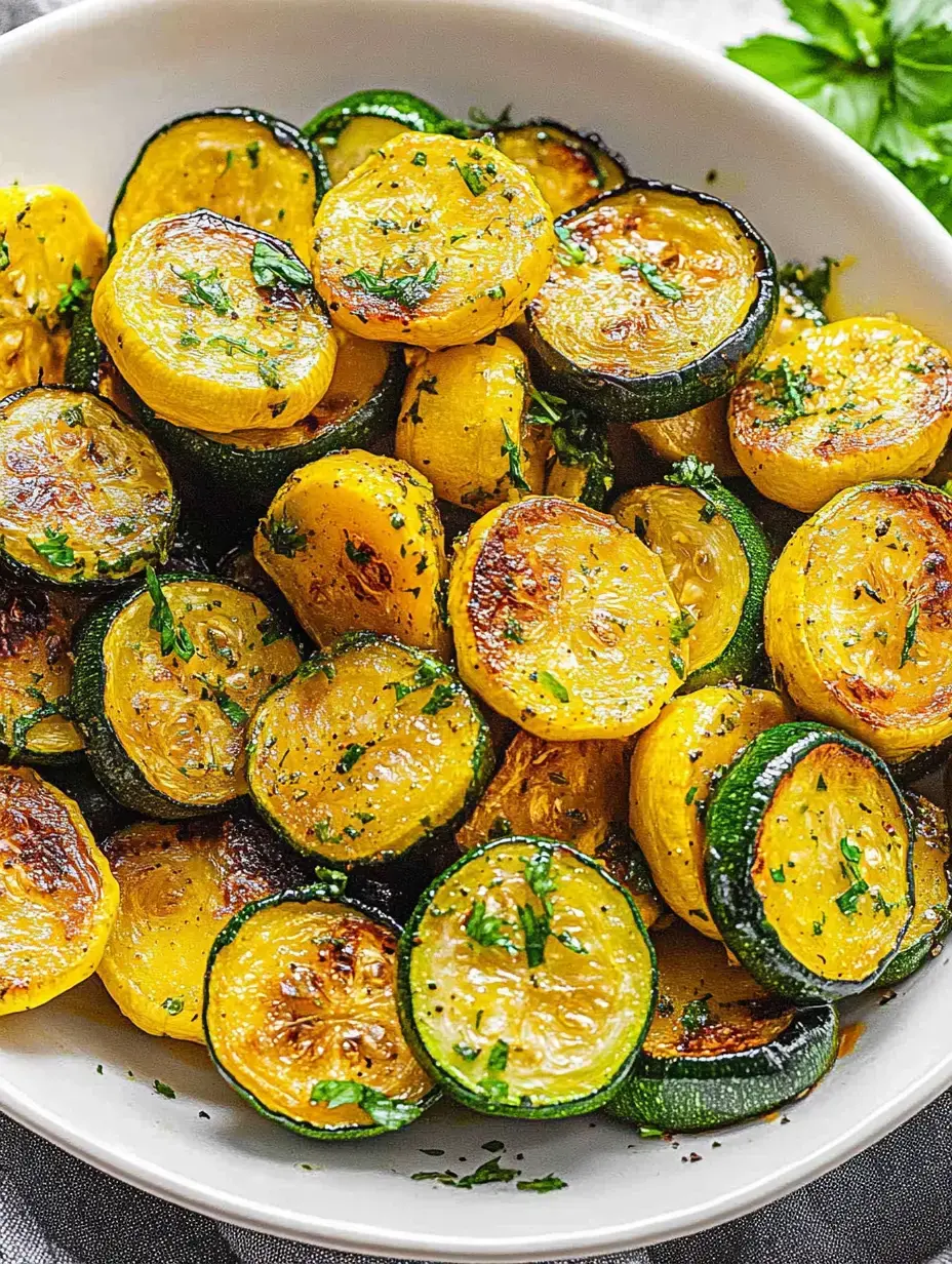 Tazón con rodajas de calabacín y calabaza asadas y unas ramitas verdes frescas.