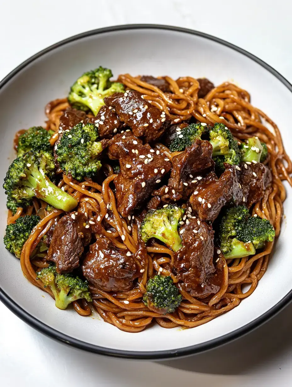 Bol de fideos salteados con ternera jugosa y brócoli, decorado con semillas de sésamo.