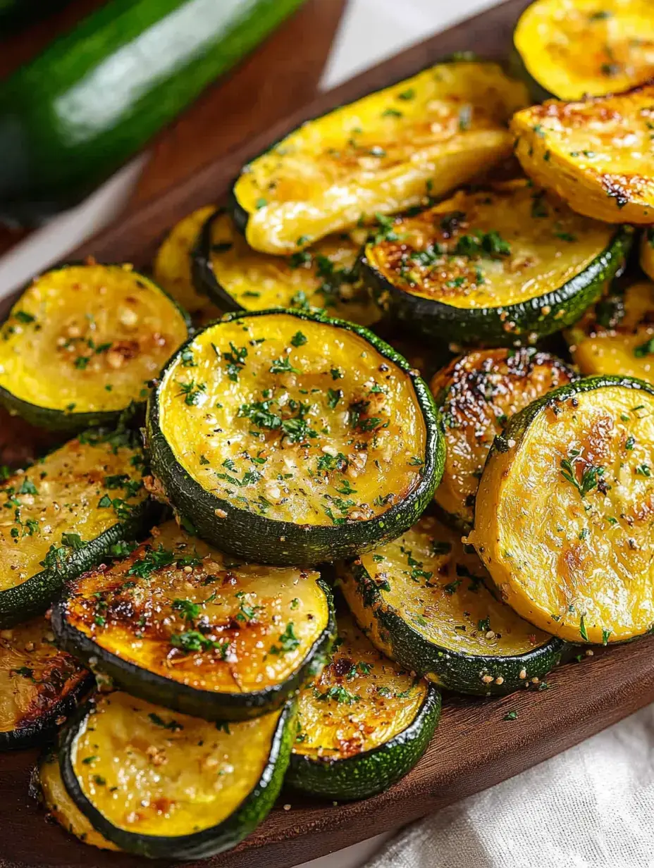 Tabla de madera con calabacines y calabazas dorados al horno, acompañados de hierbas frescas.