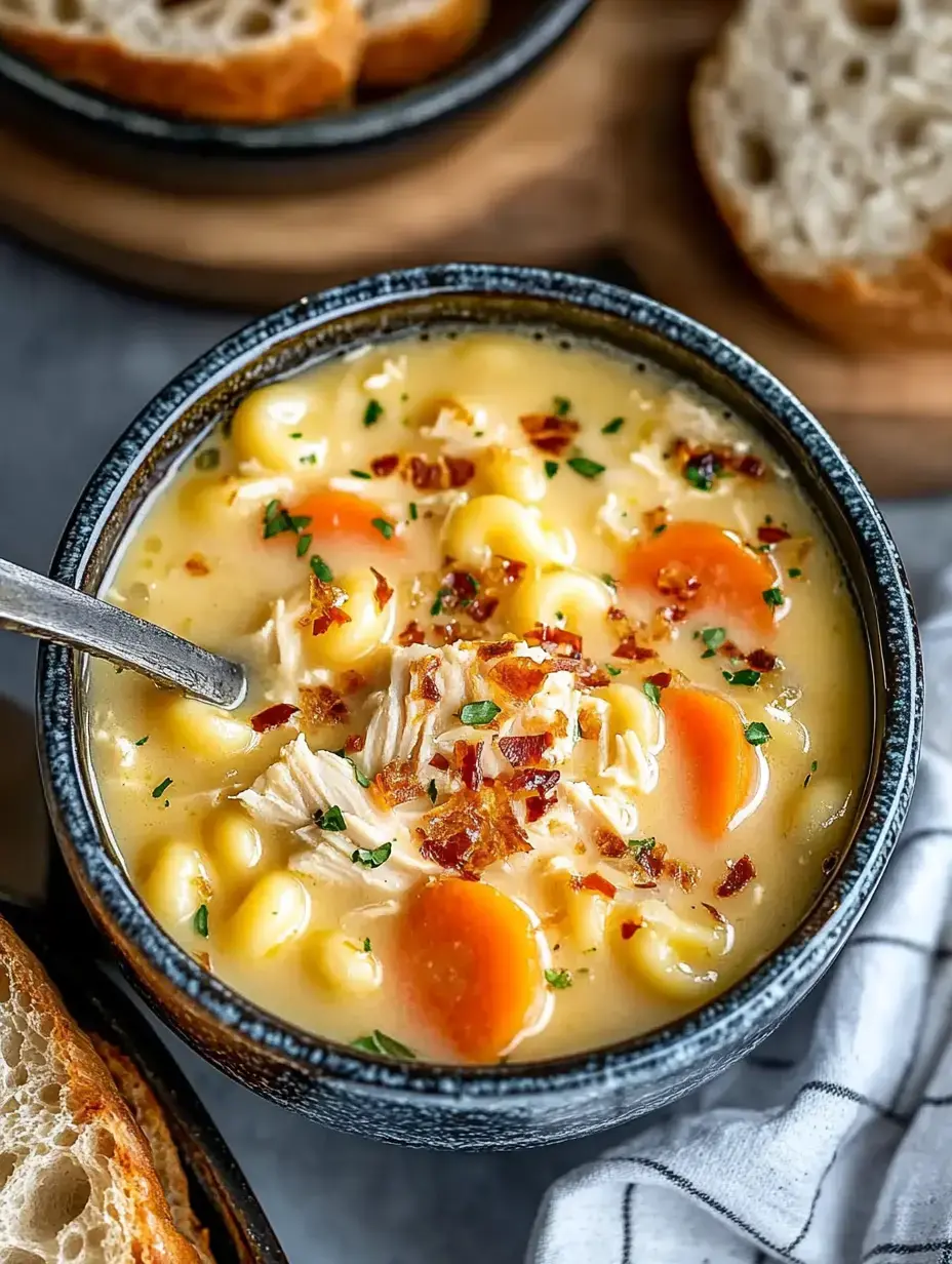 Un plato de sopa cremosa de pollo con pasta, zanahorias, hierbas y trocitos de bacon crocante, servido con rebanadas de pan.