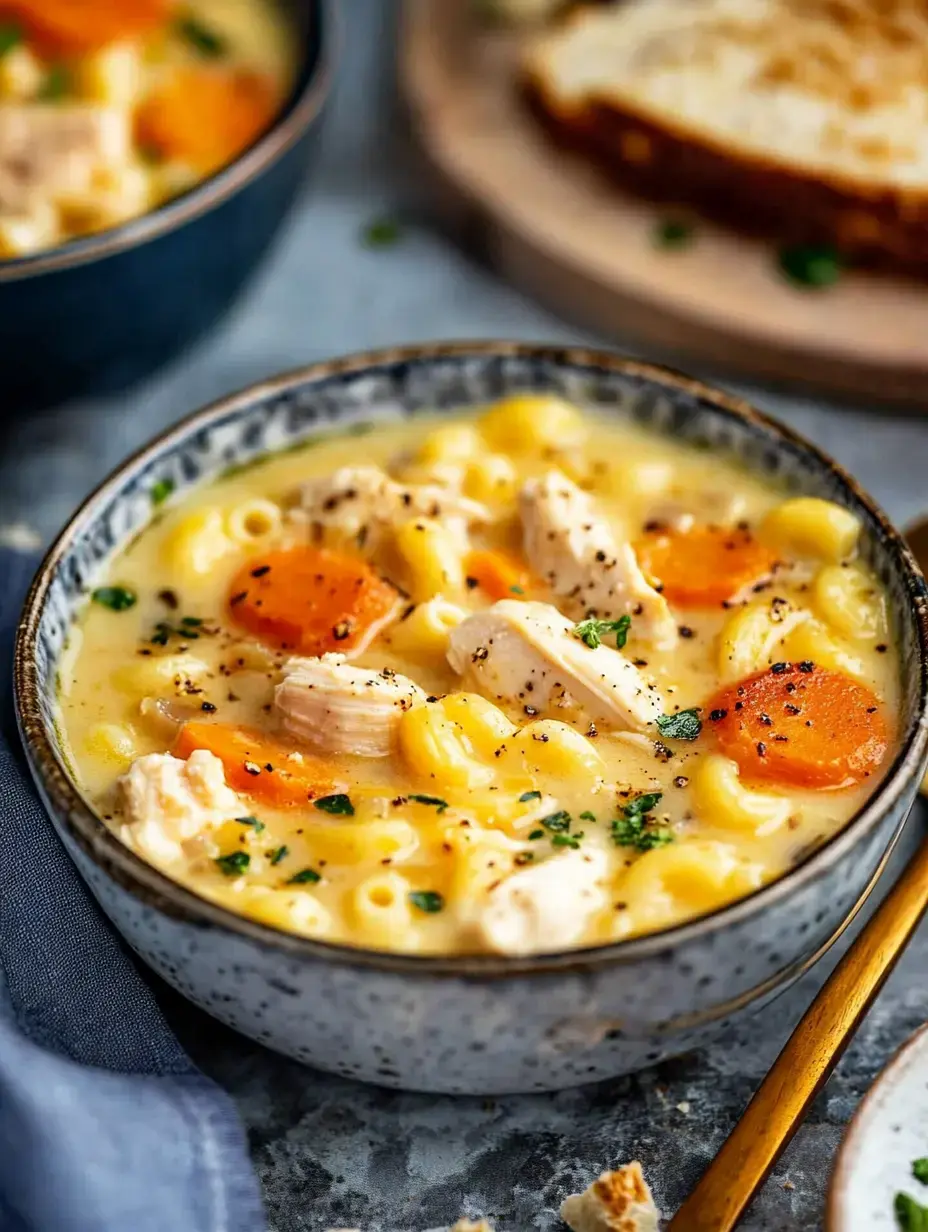 De cerca, un plato de sopa cremosa de pollo con pasta y zanahorias, decorada con hierbas y al lado una rebanada de pan tostado.