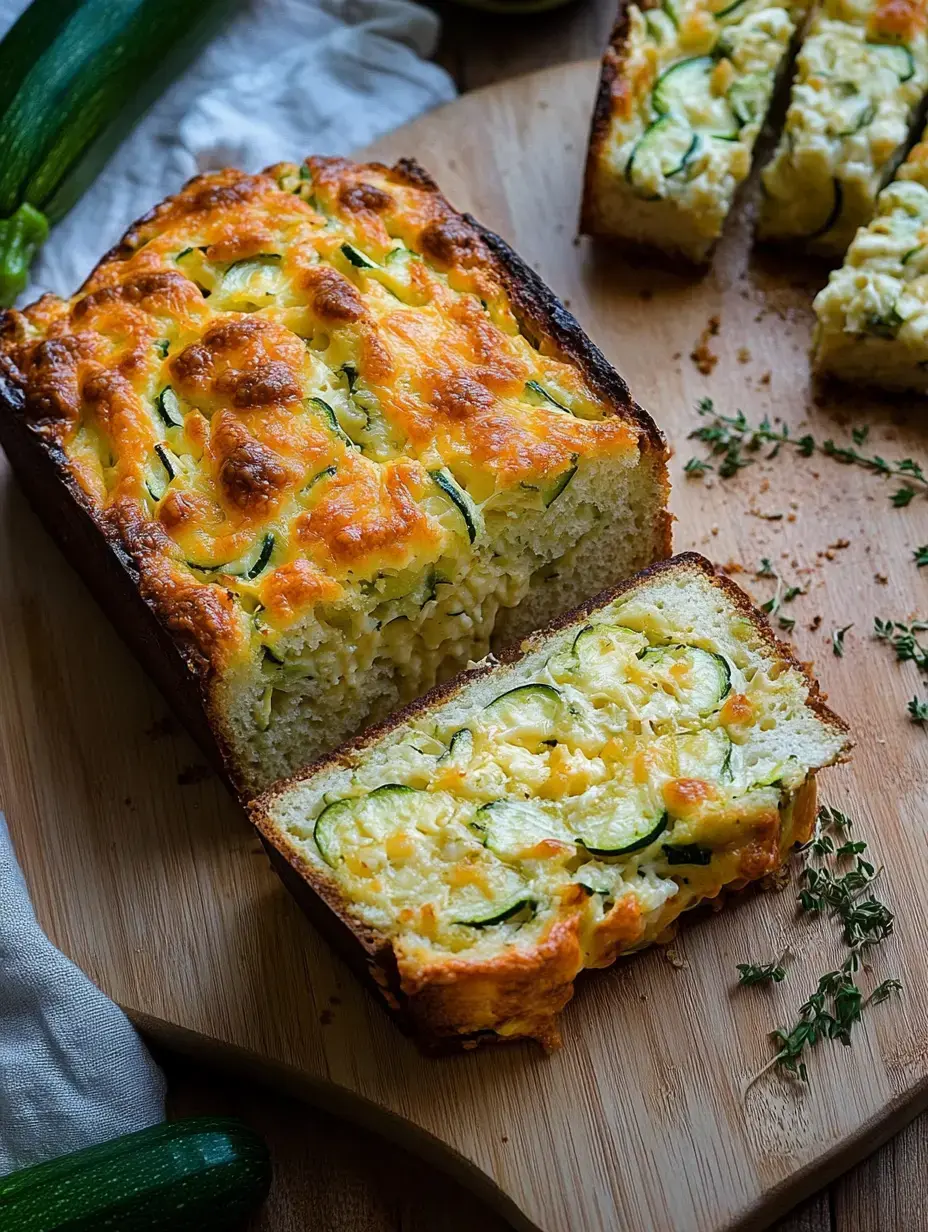 Un pan de calabacín horneado, cortado al medio para mostrar su interior jugoso con trozos de calabacín y queso, puesto sobre una tabla de madera junto a un calabacín entero y ramitas de tomillo.