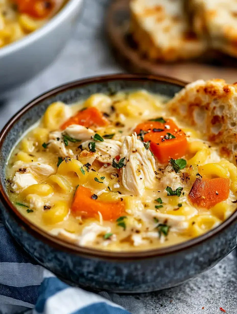 Un plato de sopa cremosa de pollo con pasta, zanahoria y hierbas, junto a pan doradito.