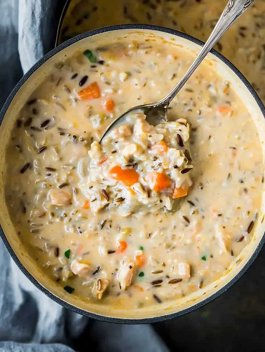 Una cremosa sopa con trozos de pavo o pollo, zanahoria y arroz salvaje en una olla con cuchara.