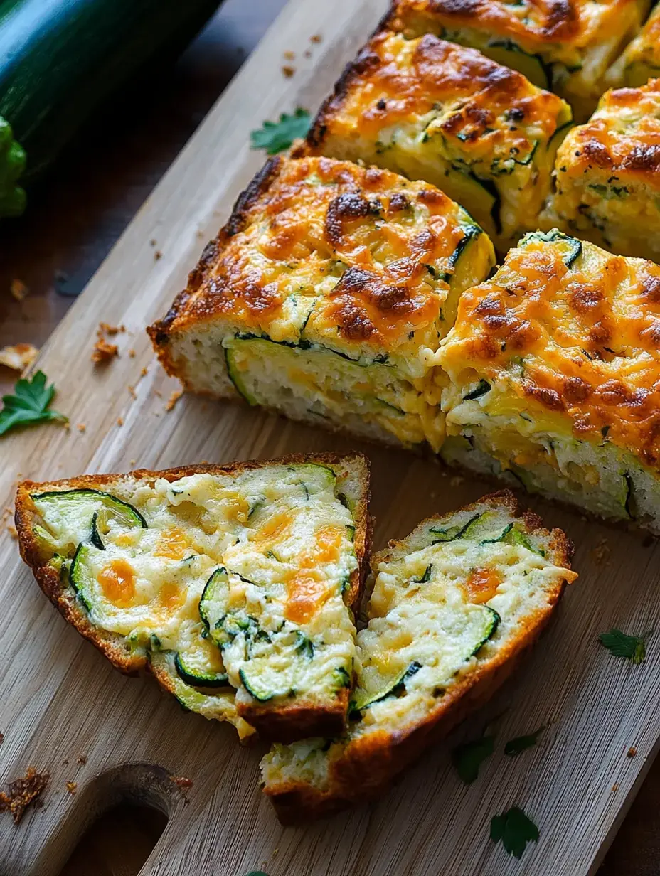Una rebanada de pan de calabacín y queso sobre una tabla de cortar, con el resto del pan al fondo.