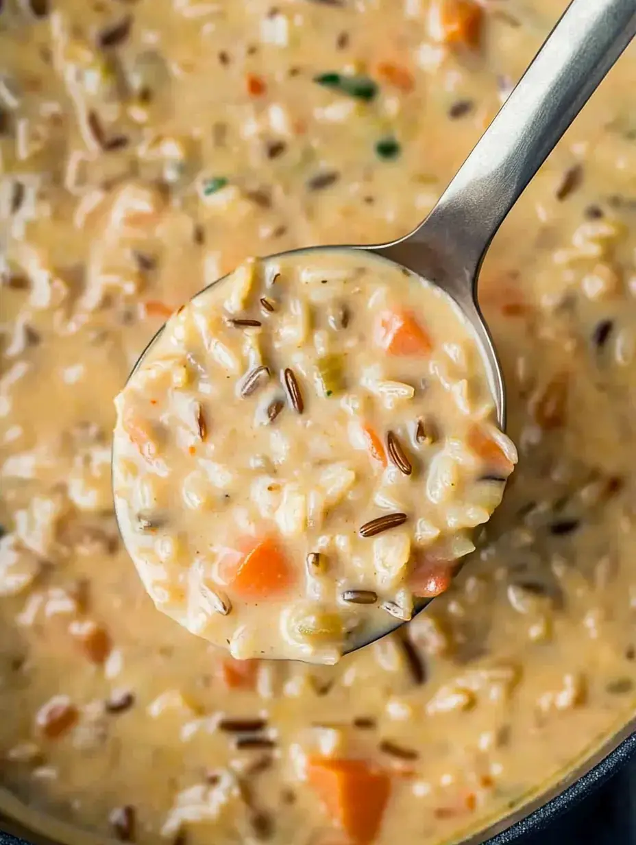 Una cuchara saca sopa cremosa con arroz, verduras y especias de una olla.