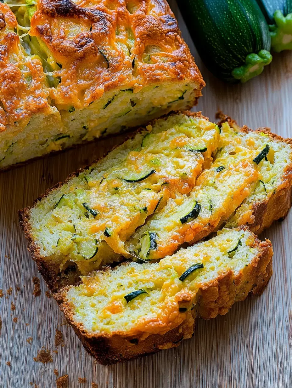 Un pan de calabacín y queso en rebanadas sobre una madera, con calabacines rellenos de fondo.